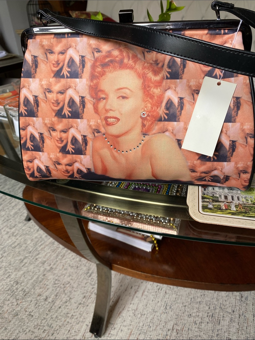 Retro Printed Shoulder Bag in Peach and Black